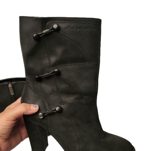 Harley Davidson Moto Boots Size 8 Leather Zip Side Button Accents Stamped Logo - Picture 15 of 16